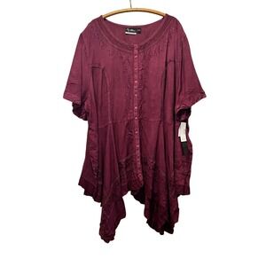 Added Dimensions Tunic Blouse Women 5X Purple Embroidered Boho Romantic Peasant
